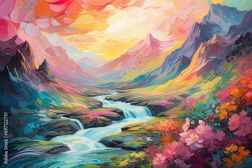 painting of a mountain stream with a waterfall in the foreground