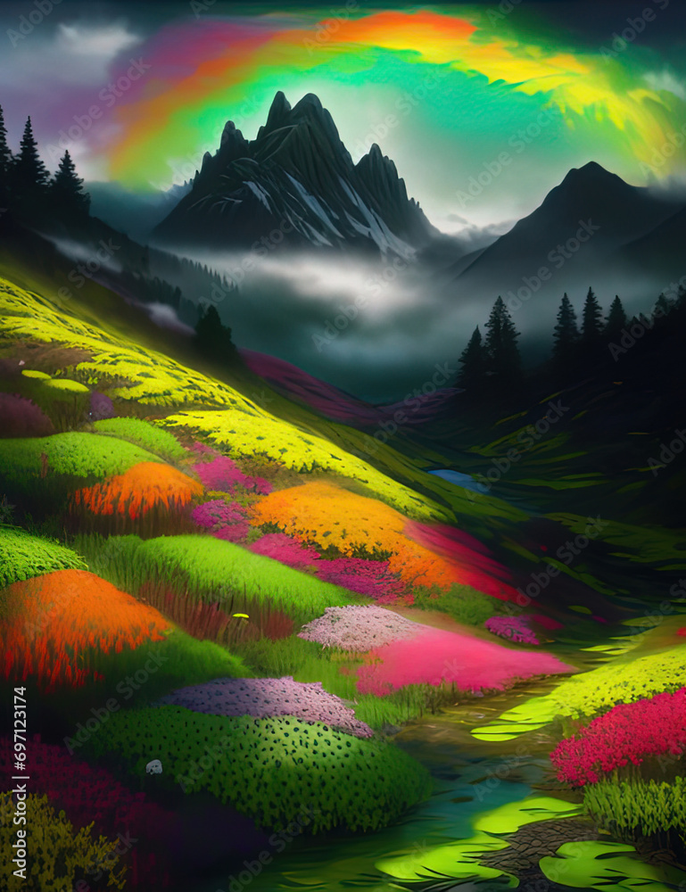 painting of a rainbow over a mountain with a stream running through it