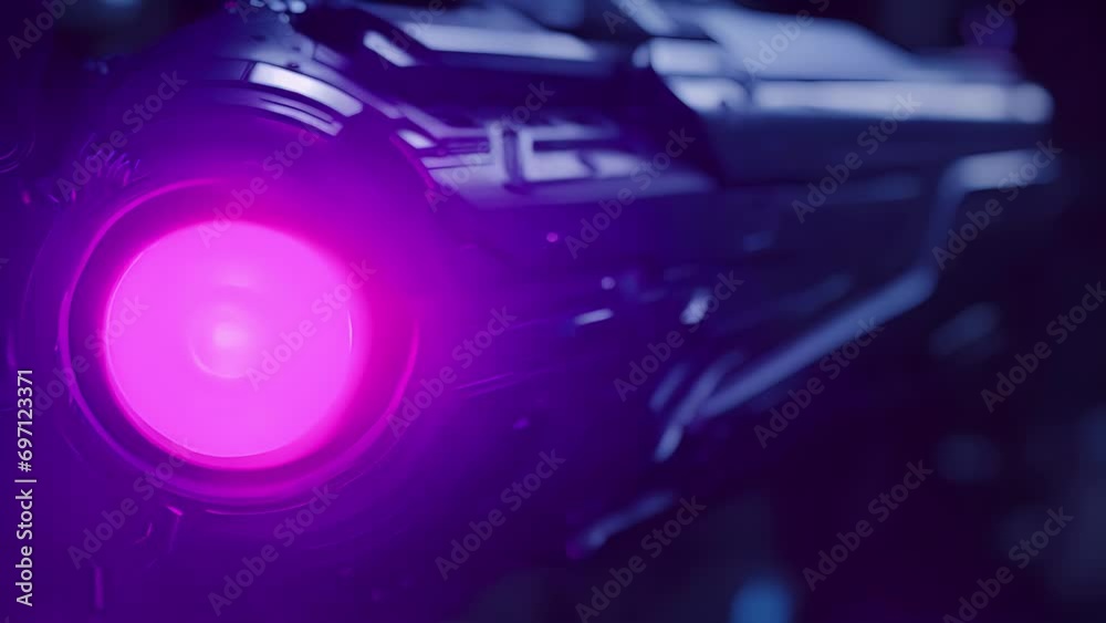 A close up of a robotic eye scanning the sights of an intricate gun with purple and blue circuitry. cyberpunk ar