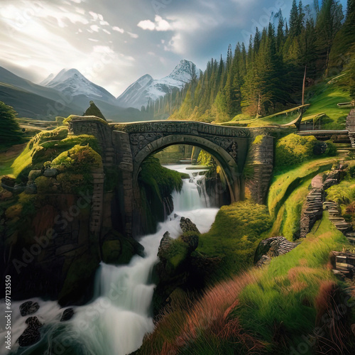 a bridge over a stream in the mountains with a mountain in the background