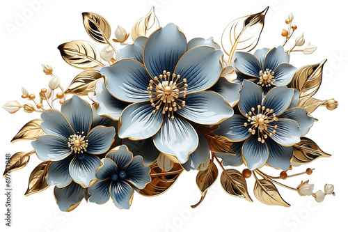 3d wallpaper, gold and blue flowers isolated on a Transparent background. Generative AI