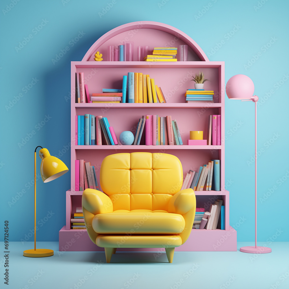 Bookcase with armchair in pop art yellow pink blue
