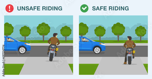 Safe and unsafe motorcycle riding. Back view of a male biker leaving the garage. Flat vector illustration template.