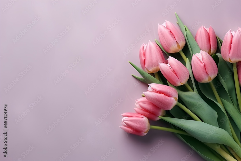 Bouquet of pink tulips flowers on background. Valentine's Day, Flat lay, top view Bouquet of pink tulips flowers on background. Valentine's Day, Flat lay, top view