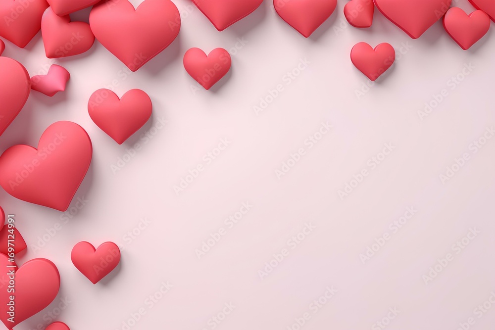 cute 3d hearts shape place on the left, cartoon style, valentine's concept, with copy space