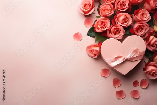 rose, heart shape and gift box place on the left side, top view, valentine's concept, sweet color