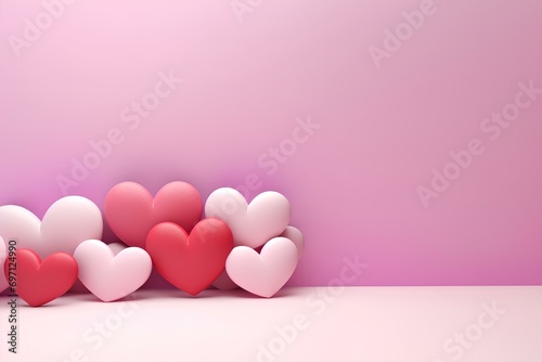 cute 3d hearts shape place on the left, cartoon style, valentine's concept, with copy space