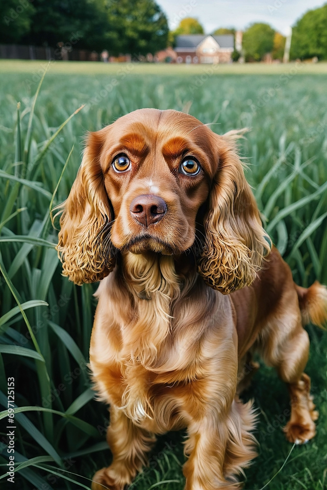 A American Cocker Spaniel sitting on the grass. Generative AI A American Cocker Spaniel sitting on the grass. Generative AI
