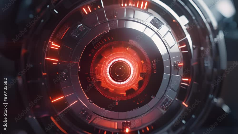 A robotic eye looking directly at the camera with a blinking red light symbolizing the presence of a new technology era. .