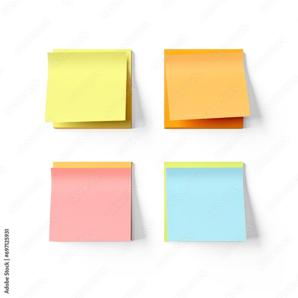Set of Note paper with different color, adhesive tape and tack. Blank sheet, sticky note, torn piece of paper and notebook page. Templates for a note message. 

