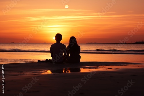 A couple enjoying a romantic sunset on the beach, depicting love, romance, and intimacy.