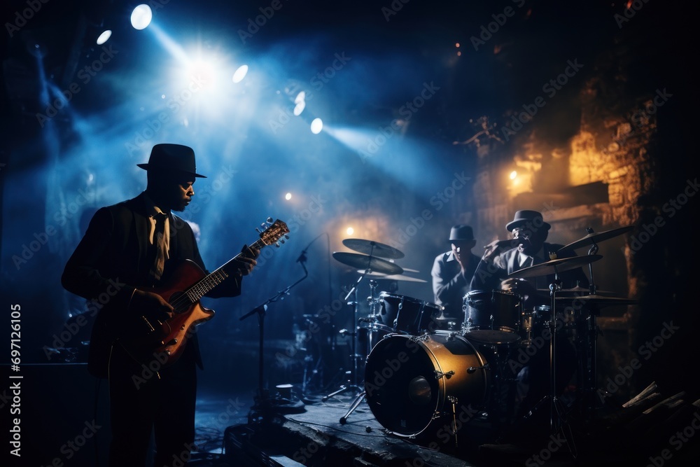 Obraz premium A jazz band performing live in a dimly lit club, soulful and atmospheric