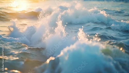 A lole shot of turbulent sea waves crashing on the shoreline of an isolated beach. photo