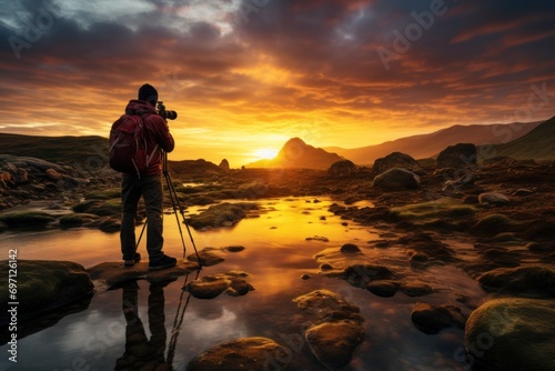 A landscape photographer capturing a sunrise, representing passion, art, and exploration. © Jelena