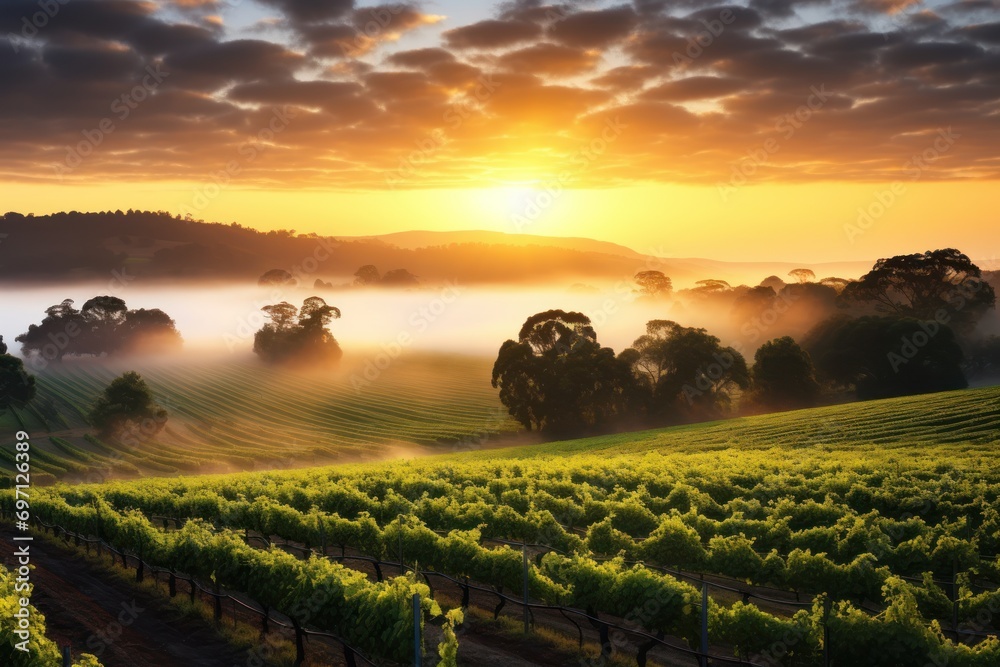A picturesque vineyard at sunrise with rows of grapevines and mist.