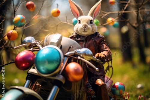Cool Easter Bunny wearing leather jacket on bike with Christmas ornaments on background