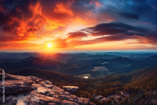 A panoramic sunset view from a mountain peak, awe-inspiring natural beauty.