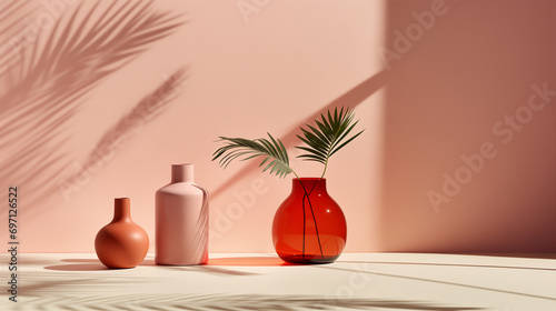 Minimal interior of modern red glass vase with palm leaves on table. Sunlight from window on pink wall, pink vase arrangement for decoration. Luxury skincare, cosmetic, beauty product still life. 