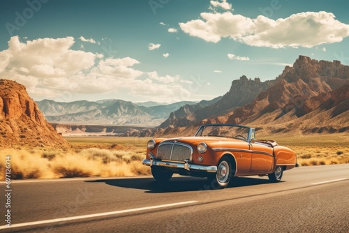 A vintage car on a scenic road trip, evoking nostalgia, freedom, and adventure. © Jelena