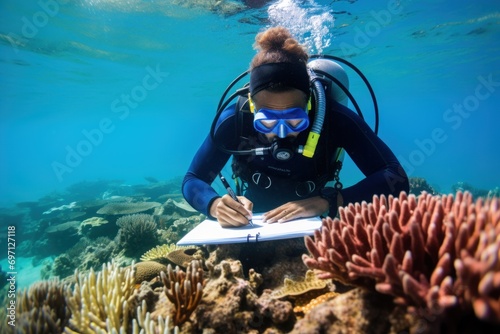 Marine biologist studying coral reefs underwater.