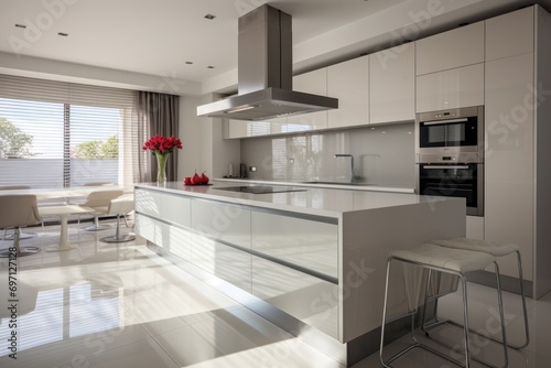 Modern kitchen interior with sleek appliances and a clean design.