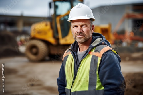 Portrait of a construction foreman on site, authoritative and experienced.