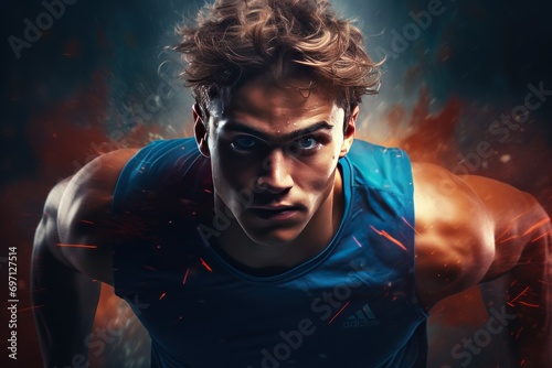 Portrait of a young athlete in sportswear, dynamic and competitive.