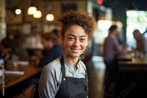 Portrait of a friendly waitress in a bustling cafe, cheerful and welcoming.