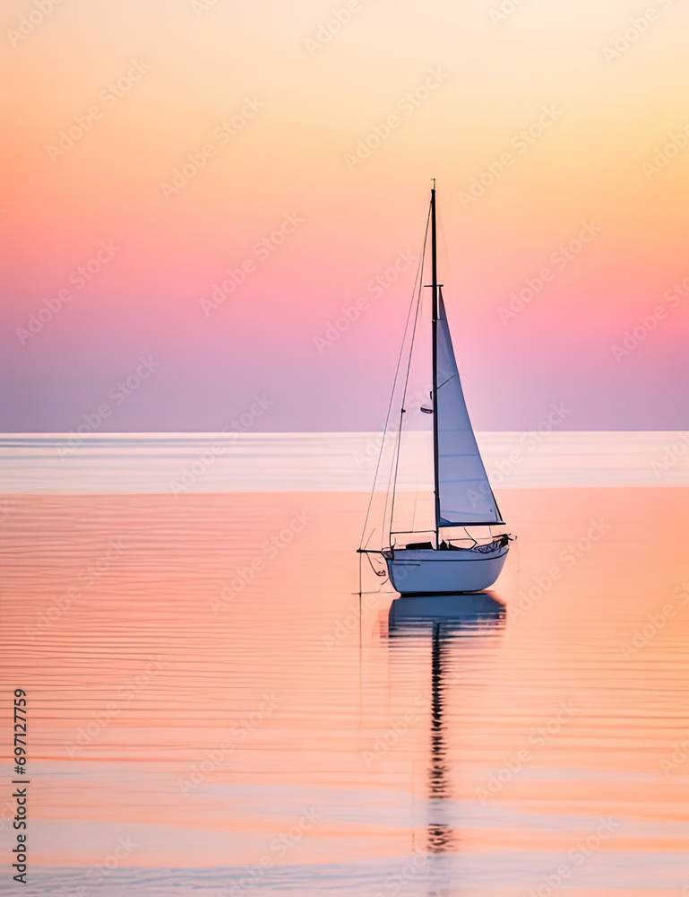a sailboat in the water at sunset with a pink sky