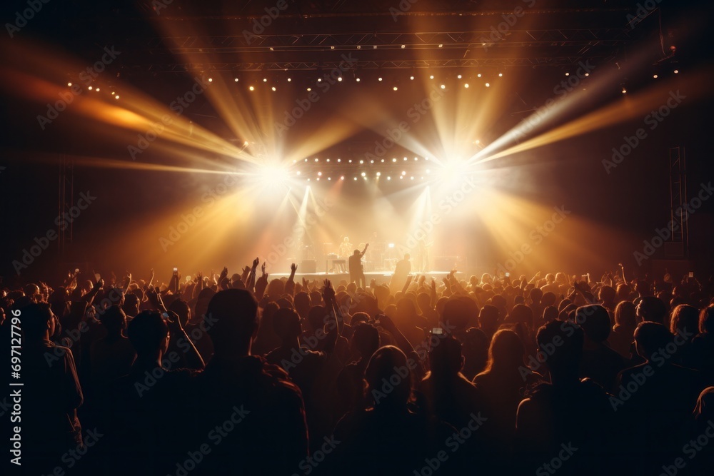 Concert with silhouettes of people clapping in front of a big stage with spotlights View of the crowd at a concert - obrazy, fototapety, plakaty 