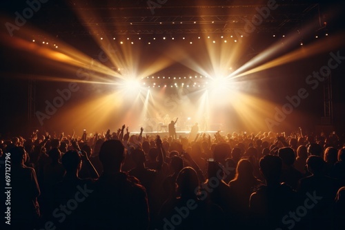 Concert with silhouettes of people clapping in front of a big stage with spotlights View of the crowd at a concert photo