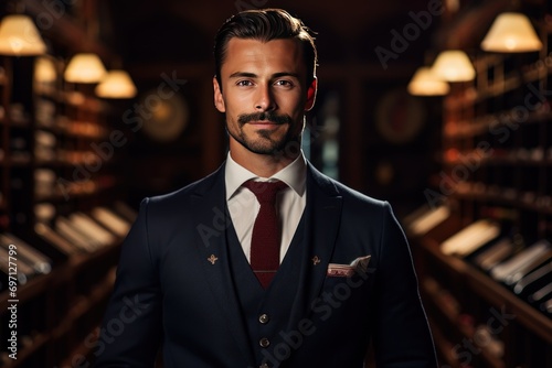 Portrait of a professional sommelier in a wine cellar, sophisticated and knowledgeable.-