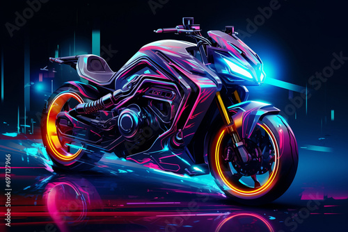 Cruise into the future with this captivating image of a fantasy motorbike adorned with neon lights, speeding along a highway against a dark backdrop. Generative AI.