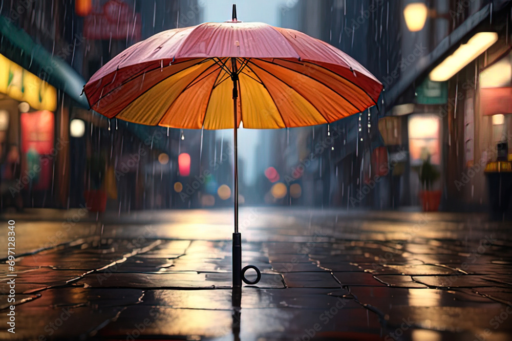 a red and yellow umbrella sitting on a wet sidewalk