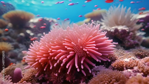 A coral reef closeup, with small crown of thorns starfish dotted throughout, showcasing the damaging effects of this invasive species on coral and marine life in the area. photo