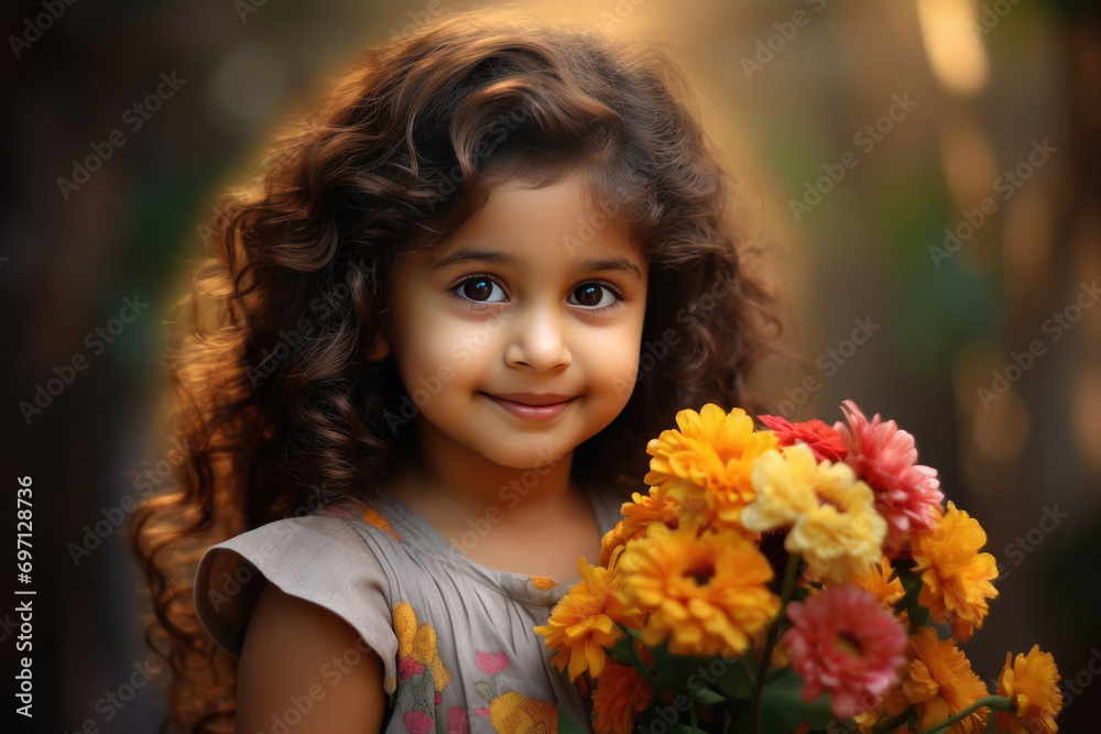 Naklejka premium indian little girl holding flower bouquet