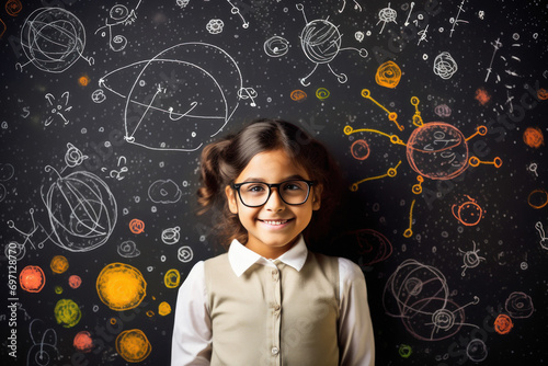 little girl standing over blackboard background photo