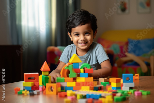 Little boy create building with plastic toys