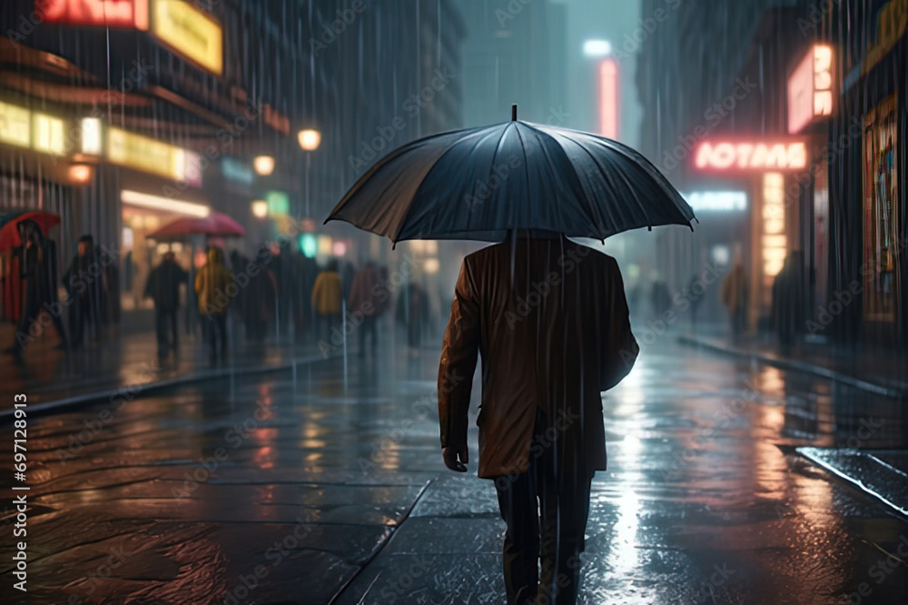 a man walking down the street with an umbrella