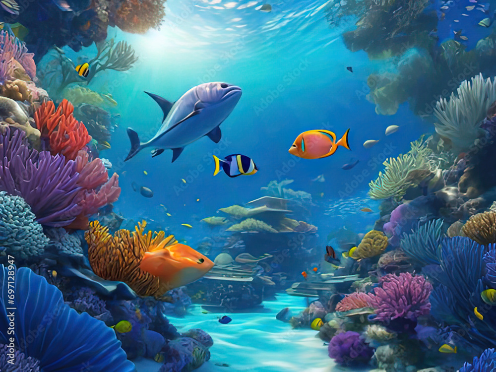 Naklejka premium a many different fish swimming in the ocean together