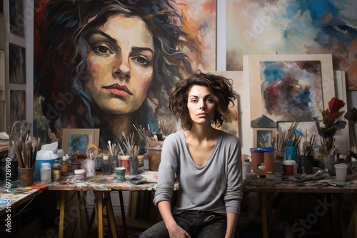 Portrait of an accomplished artist in her studio, imaginative and expressive.