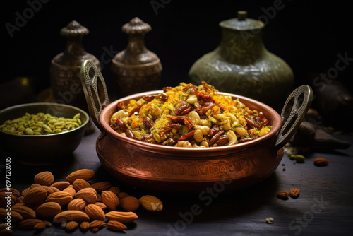 indian farsan or chivada with dry fruits photo
