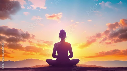 A silhouette of a person sitting on a grassy hilltop their eyes closed and hands clasped in their lap in an attitude of meditation photo