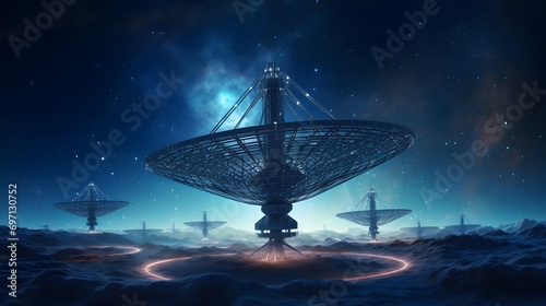 Futuristic Satellite Communication Array Transmitting Data in Space. Astronomy. A large satellite dish transmits and receives a signal from space. photo