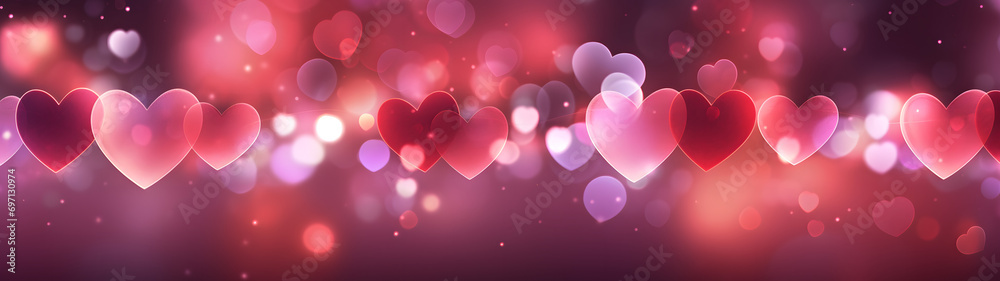 A vibrant and enchanting display of love, as a group of hearts in shades of magenta, pink, violet, and maroon twinkle with colorful lights, creating a beautiful blur of emotion and romance