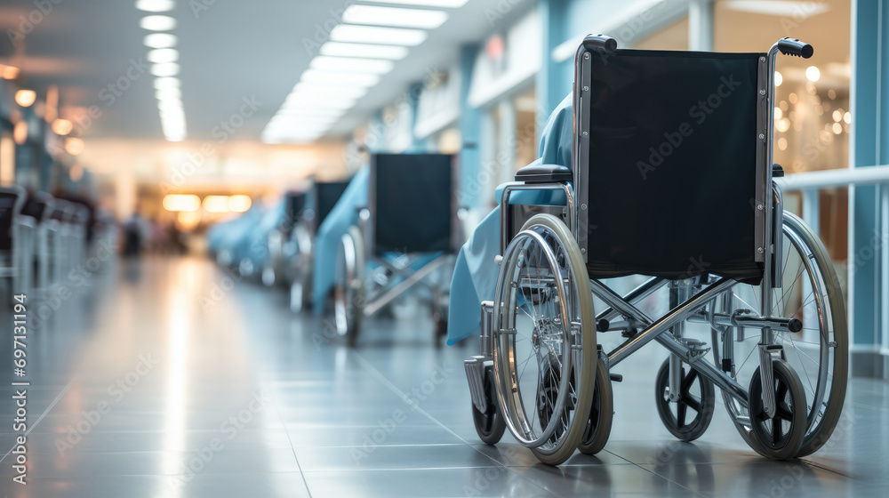 Wheelchairs in the hospital ,Wheelchairs waiting for patient services. Generative AI. Wheelchairs in the hospital ,Wheelchairs waiting for patient services. Generative AI.