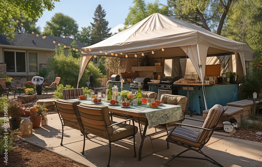 For your summer picnic, set up a tent, some tables, and chairs and enjoy the fun of outdoor camping. This backyard patio arrangement offers shade and cosy seats. .