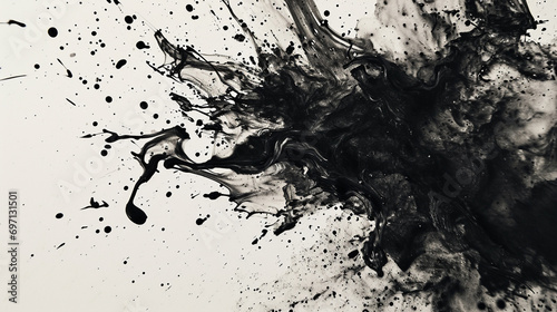 Abstract texture of black ink watercolor flow blot with drops and splashes, creating a color stain on a white background. © Ray NADEEM AHMAD