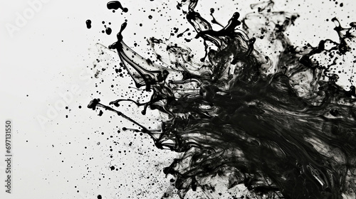 Abstract texture of black ink watercolor flow blot with drops and splashes, creating a color stain on a white background. © Ray NADEEM AHMAD