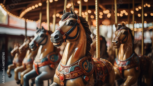 Vintage carousel horses in a row.